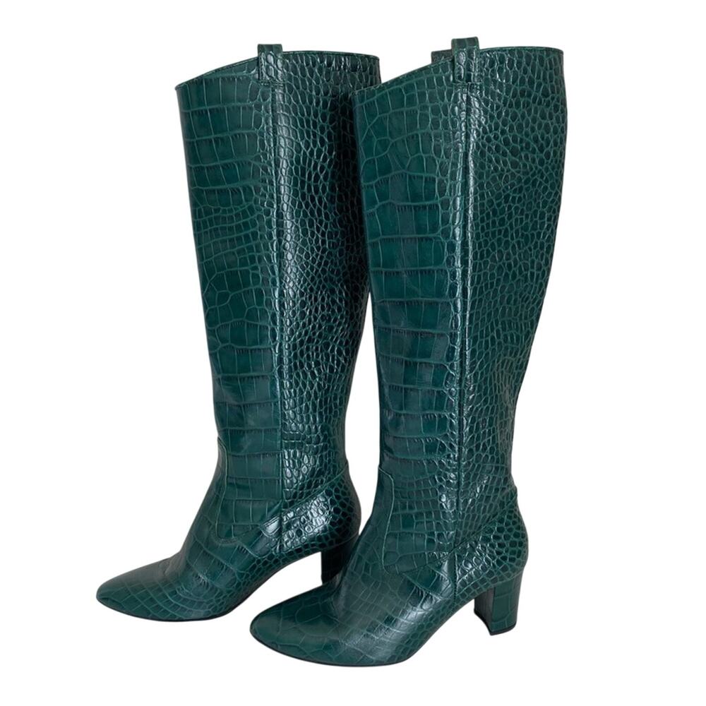 VERONICA BEARD Abella Green Croc Embossed Leather Knee High Heeled Boots 6